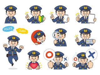 警察官の男性バリエーション　初心者マーク　スマートフォン　タブレット　虫眼鏡　クレジットカード　ハート　まるばつクイズ
