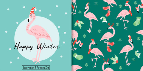 cute flamingo animal winter theme seamless pattern for printing