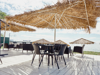 beach chairs and umbrellas