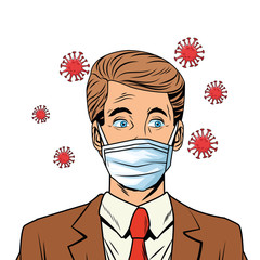 businessman using face mask and covid19 particles pop art style
