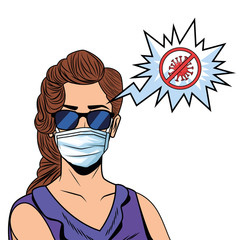 woman using face mask and stop covid19 message
