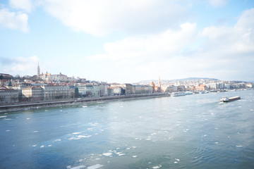 Naklejka premium City panorama from the Szechenyi chain bridge in Budapest