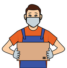 White man wearing rubber gloves and medical mask holding box, copy space, vector eps10 illustration isolated on white background