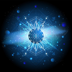 Vector illustration of Sacred geometric symbol against the space background with galaxy and stars.