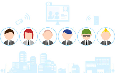 テレワークのイメージイラスト　人々と街並みのイラストセット