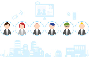 テレワークのイメージイラスト　人々と街並みのイラストセット