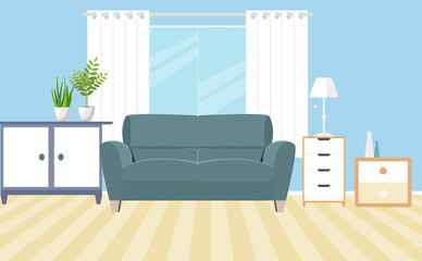 Living room interior vector. Design of a cozy room with sofa, window and decor accessories. Vector illustration about interior