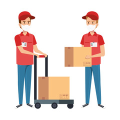 delivery workers using face mask with boxes carton vector illustration design
