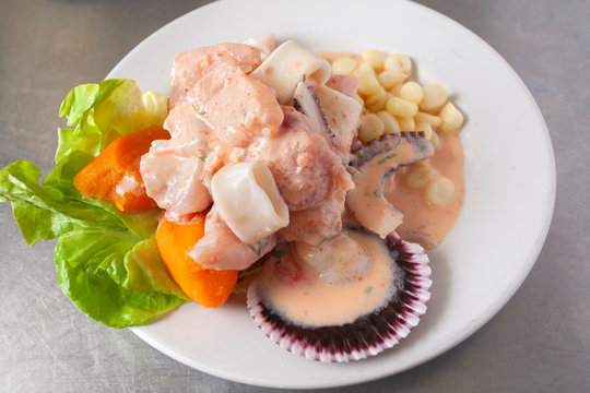 Peruvian seafood: mixed cebiche with fish, squid, octopus and clam decorated with sweet corn and sweet potato served on a white plate