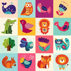 Colorful collection of funny baby animals owl, cat, bird, crocodile, lion, fox
