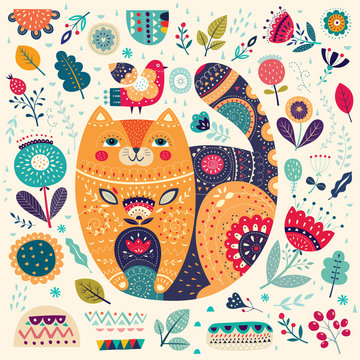 Big spring pattern with cat, flowers, leaves, birds and  decorative elements	