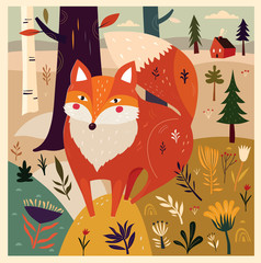 Vector illustration with fox in forest
