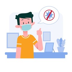 Young Man or Boy or Male or Person or Character Wearing Medical Mask at Home or Office. Flat Design. Illustration Concept. Isolated. Vector. EPS 10