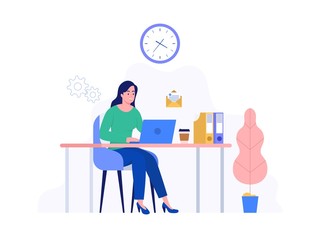 Happy woman working at home with laptop , freelance, coworking space, vector concept illustration, woman freelancer working on computer, can use for, landing page, template, ui, web, homepage, poster