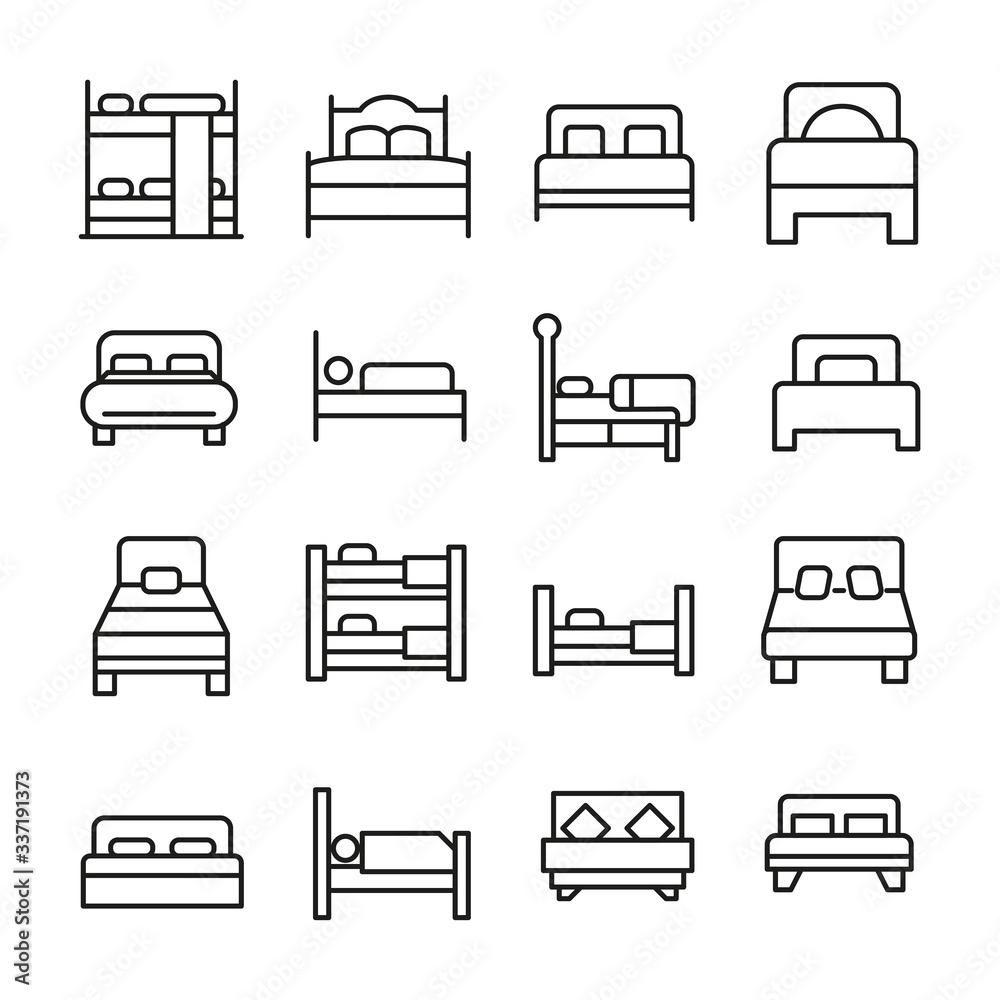 Sticker Simple set of bed icons in trendy line style.