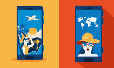 smartphones with women in screen and app travel vector illustration design