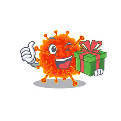 Smiling riboviria cartoon character having a green gift box