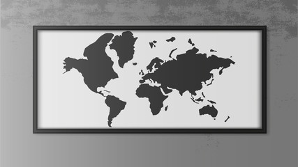 Painting with a world map on a concrete wall. Painting with black frames. Map outline. Vector.