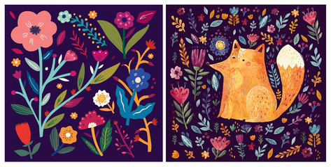 Collection of spring, summer cards. Hand drawn illustration with cute fox, flowers and leaves. Spring summer card