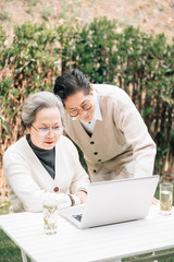 Asian aged couple using a laptop