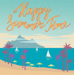 Fototapeta na wymiar Summer landscape poster with palm trees, island, sailboats. Vector illustration background with grainy texture in retro style.