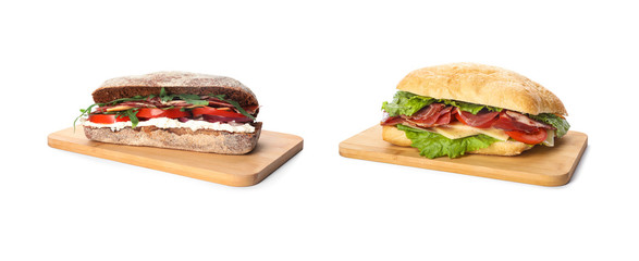 Yummy sandwiches with vegetables and prosciutto on white background. Banner design