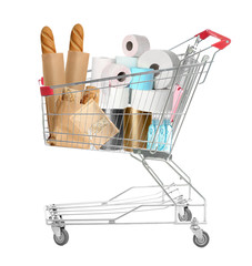 Shopping cart with different products and toilet paper isolated on white