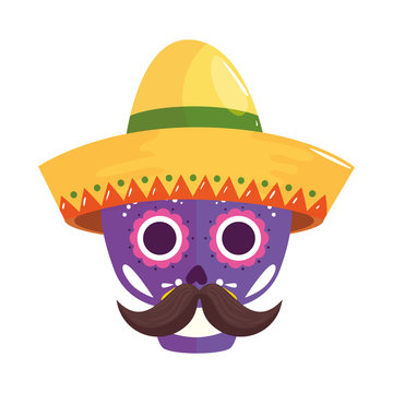 Mexican skull with hat and mustache design, Mexico culture tourism landmark latin and party theme Vector illustration
