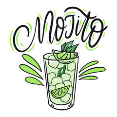 Naklejka premium Mojito cocktail and lettering. Colorful cartoon vector illustration. Isolated on white background.