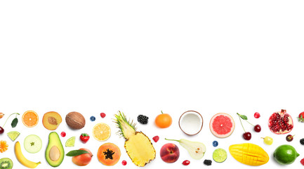 Flat lay composition with different fruits on white background