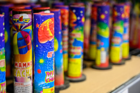 Sioux Falls, South Dakota, USA - 7/2019: Fountain sparklers at fireworks warehouse store