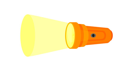 flashlight icon isolated on white, clip art flashlight and beam, flat icon of orange flashlight cute, illustration flashlight orange color
