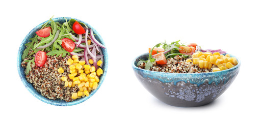 Bowls with healthy quinoa salad with vegetables on white background