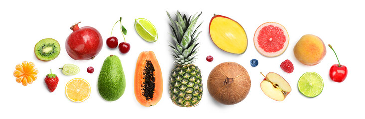 Flat lay composition with different fruits on white background. Banner design