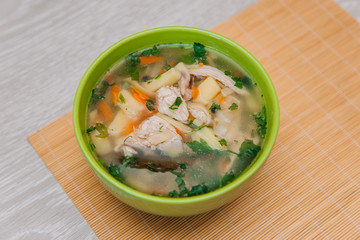 Green plate with noodle soup. With poultry meat on a light wooden table. Dietary Chicken Soup. Healthy eating