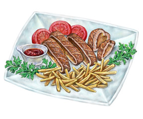 Illustration .dinner plate, fried potatoes, tomatoes, salad, meat. digital painting