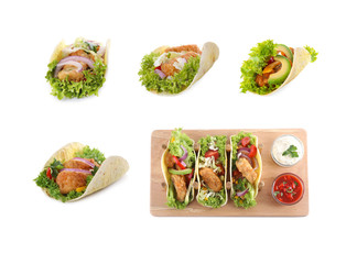Set of delicious fresh fish tacos on white background
