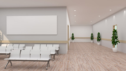 White hospital lobby with a door and white chairs for patients waiting for the doctor visit. A poster. 3d rendering mock up