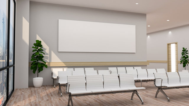 White hospital lobby with a door and white chairs for patients waiting for the doctor visit. A poster. 3d rendering mock up