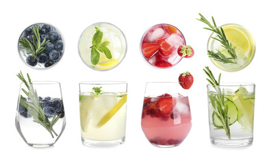 Set with different refreshing cocktails on white background. Banner design