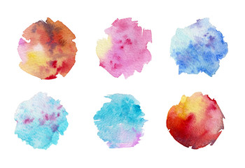 Multicolored watercolor spots. Set of watercolor circles with an uneven edge on a white background. Watercolor palette. Abstract spots. Backgrounds for the design.