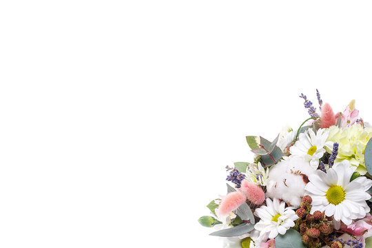 Bouquet in a pot of chrysanthemums, chamomile, eucalyptus, lavender, cotton, eustoma, cloves on a white isolated background, side view. A holiday, a gift for a woman, mom, postcard, free space