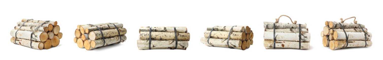 Set of cut firewood bunches on white background. Banner design