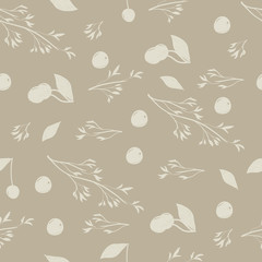 Seamless pattern of cherries, leaves and branches. Ripe cherry. Background. Print for fabric and wrapping paper. Vector.