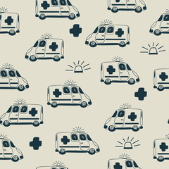 Ambulance seamless pattern. Outline style. Sketched. Medical print. Background. Vector.