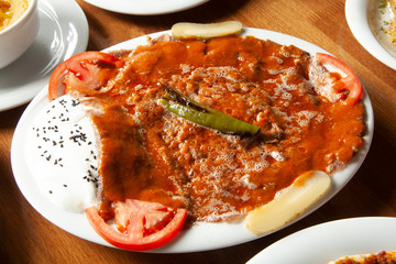 Turkish traditional iskender kebab. Yoghurt.