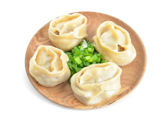 Plate with oriental dumplings on white background