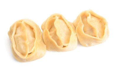 Tasty oriental dumplings on white background