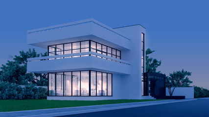 Modern house with white plaster with a balcony and a high staircase, in the cold evening light with warm light from the Windows against the background of trees and a white fence 3D stock illustration.