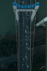 Aerial overhead shot of E'GongYan bridge with Chinese name before dawn in Chongqing, China